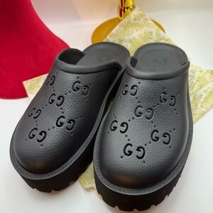 Black Embossed Slip-On platform Clogs